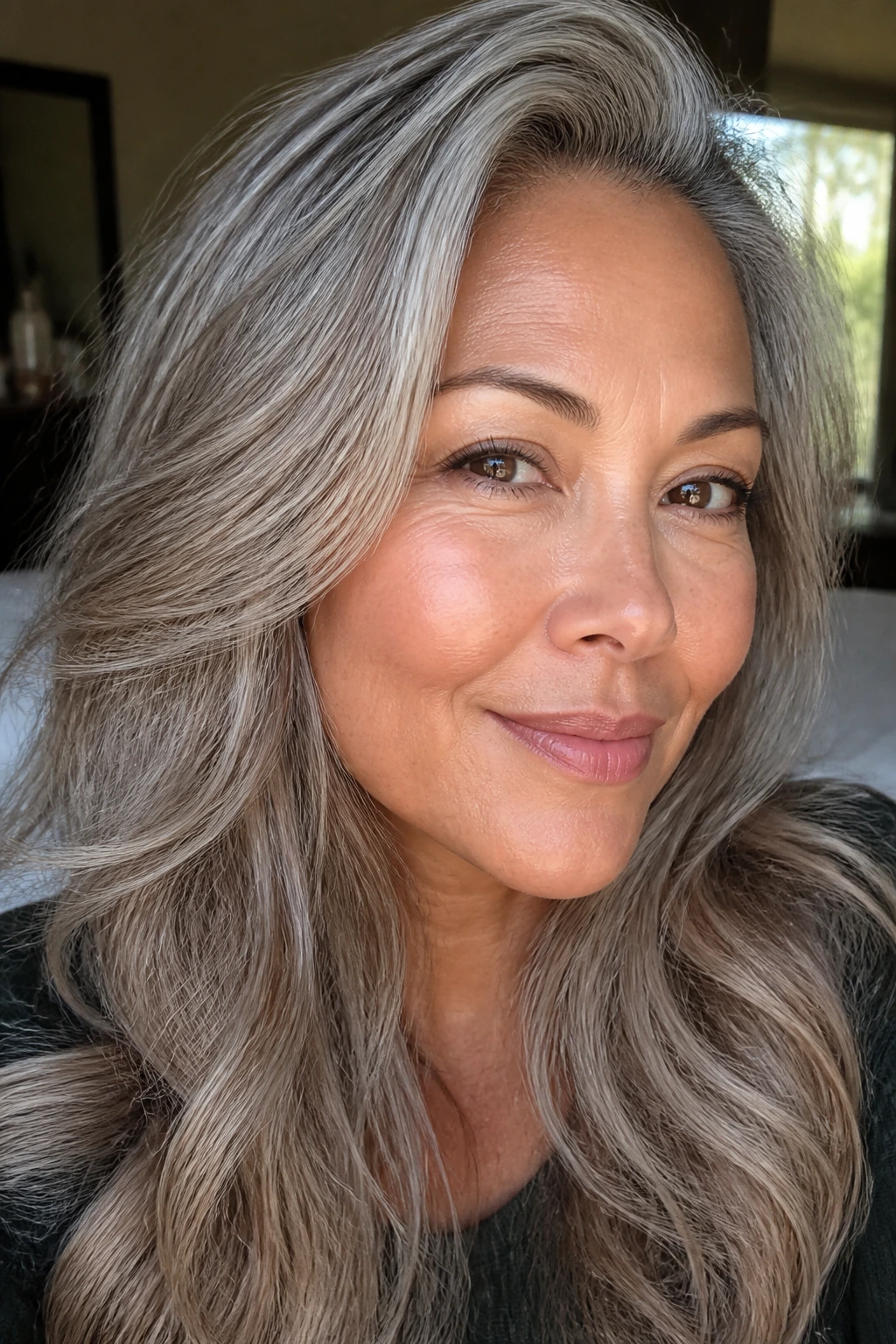 Real person with pearl beige glaze finishing hair color.