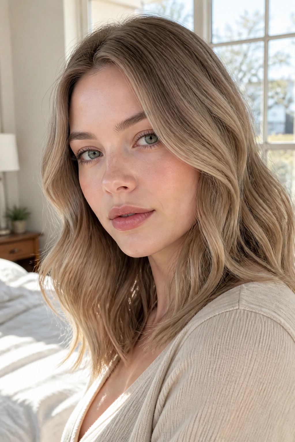 Close-up of a real woman with pearl beige dark blonde hair in soft waves under natural daylight