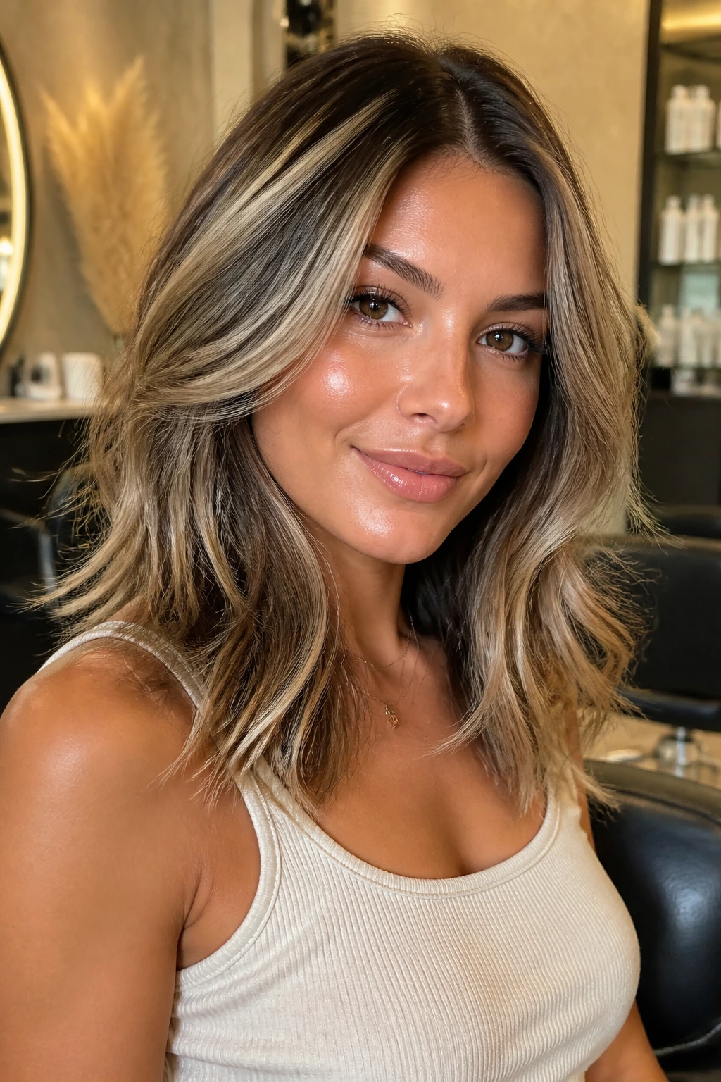 Close-up portrait of pearl beige highlights on tan skin and heart-shaped face
