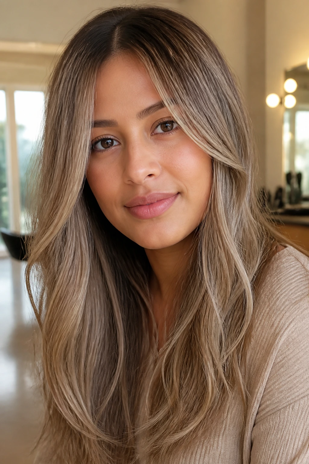 Portrait of a real person with pearl beige thread highlights on medium skin