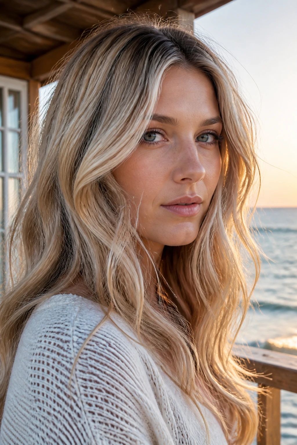 Close-up portrait of a real woman with pearl beige waves hairstyle