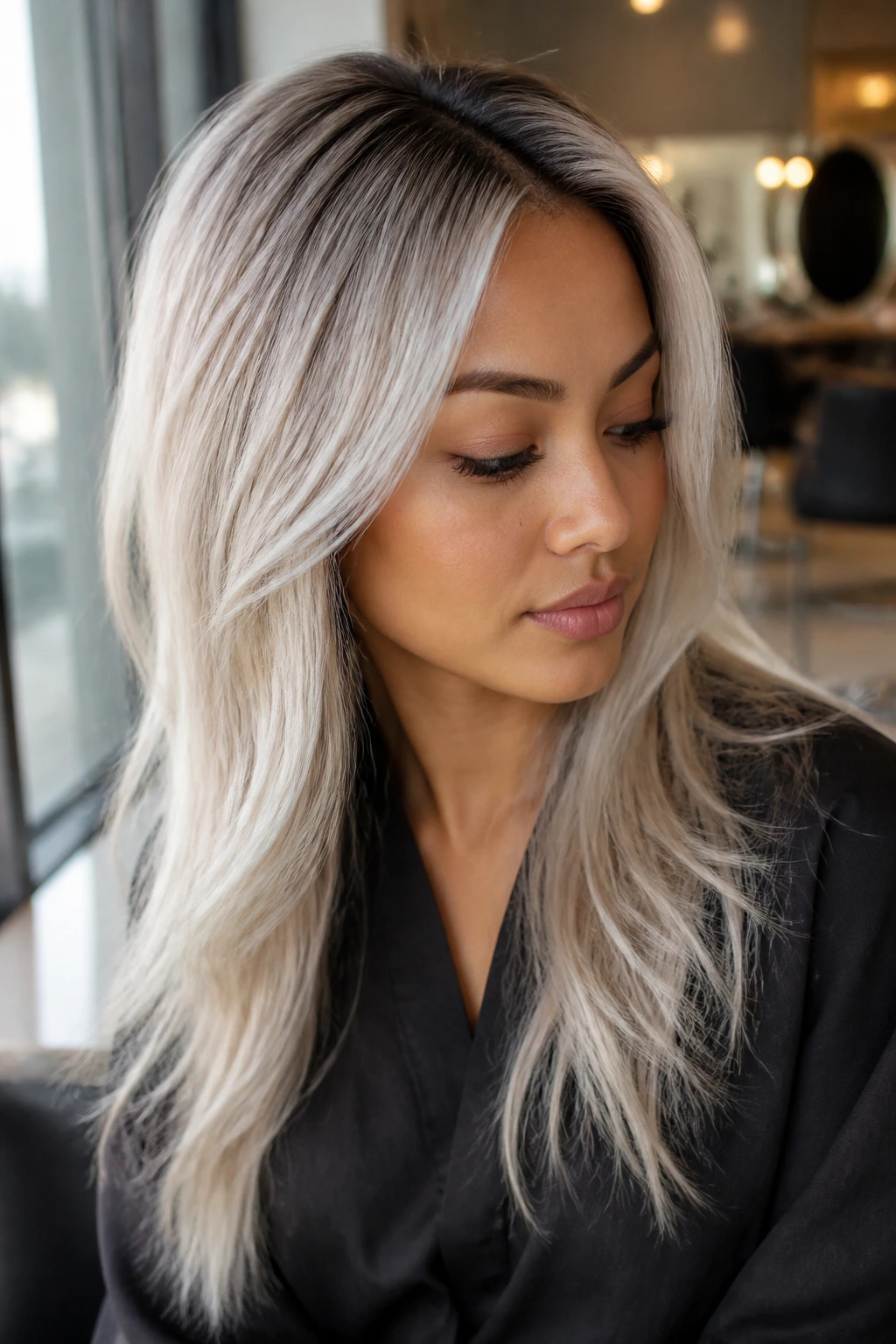 Portrait of a real woman with Smoky Pearl Blend icy blonde hair and deeper root in a bright salon setting