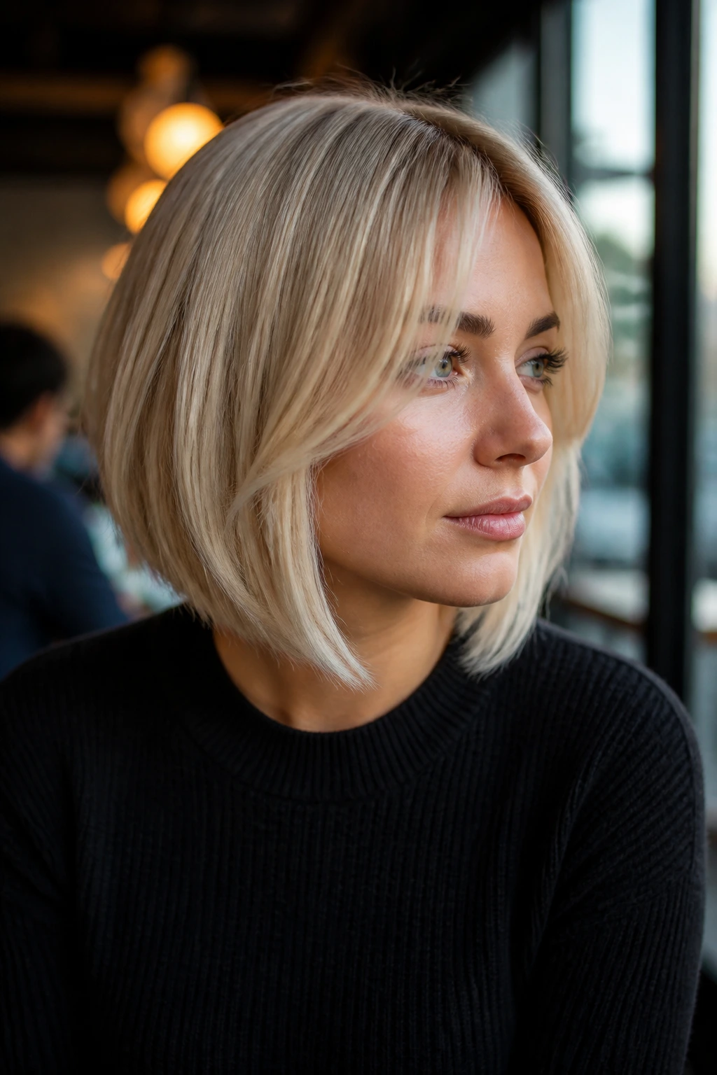 Close-up of a real woman with pearl blonde A-line lob and curtain bangs