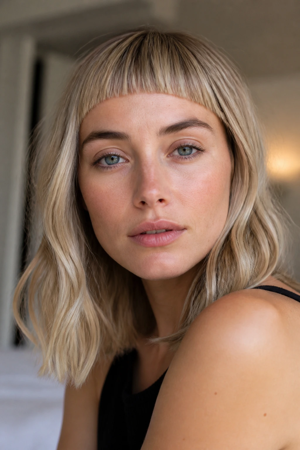 Portrait of a woman with pearl blonde babylights and blunt micro bangs