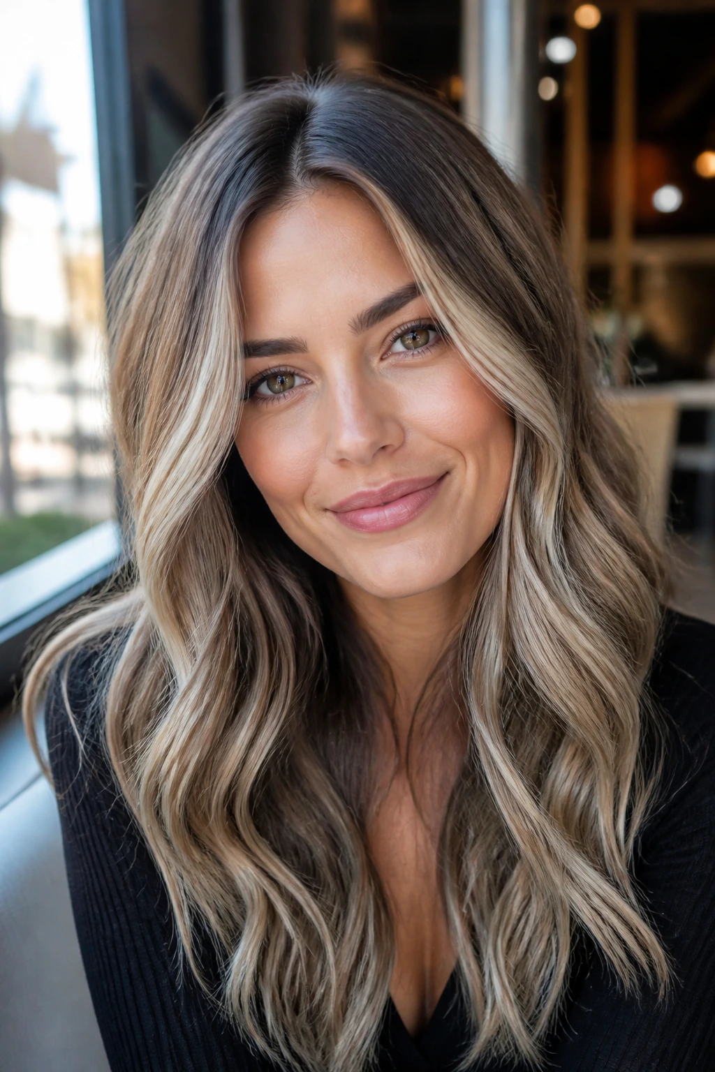 Brunette with cool pearl blonde babylights framing the face in a soft glow.