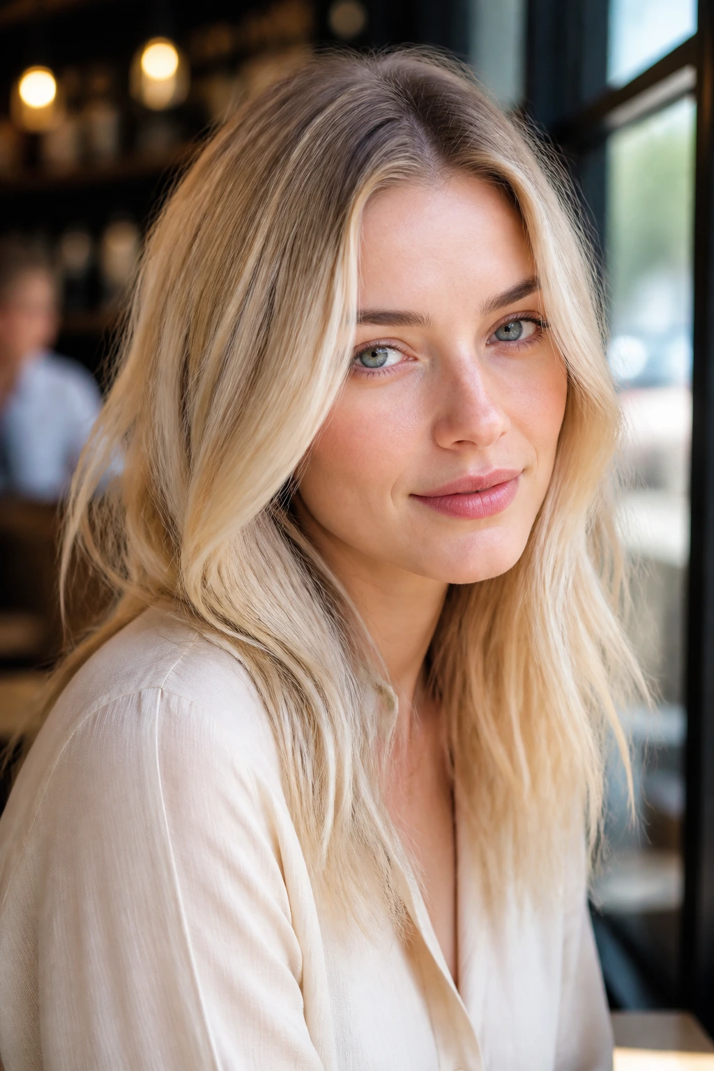 Portrait of a fair-skinned woman with pearl blonde shade and beige root