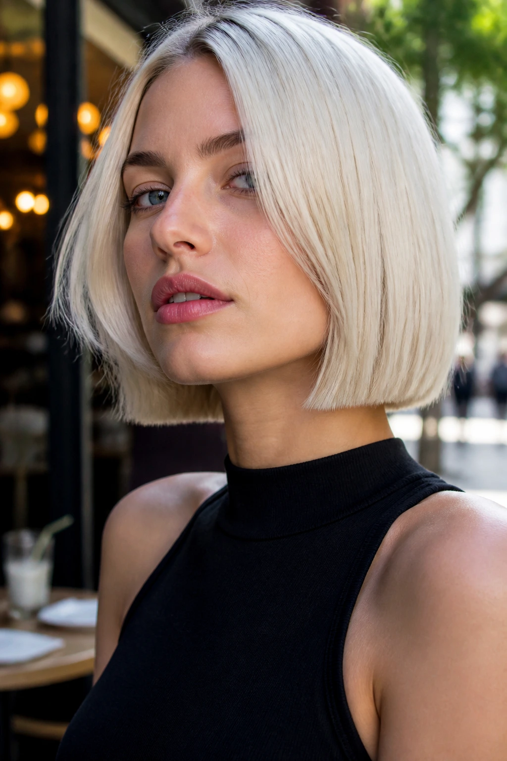 Close-up portrait of a real woman with a pearl-blonde blunt bob