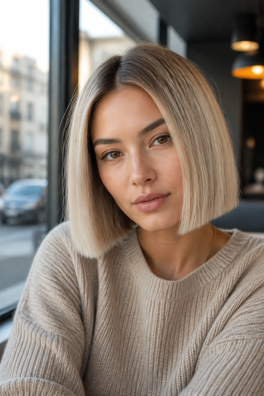 Close-up portrait with pearl blonde blunt bob and soft root shadow in daylight