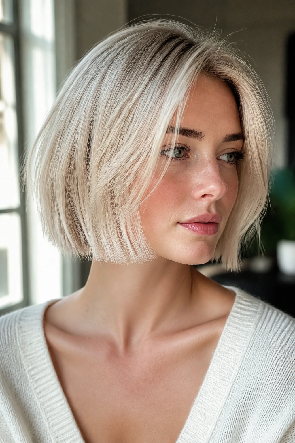 Real woman with pearl blonde blunt bob and airy texture.