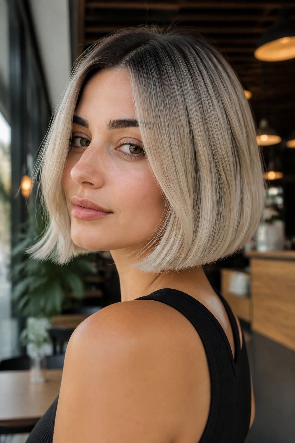 Close-up portrait of a real person with a pearl blonde bob