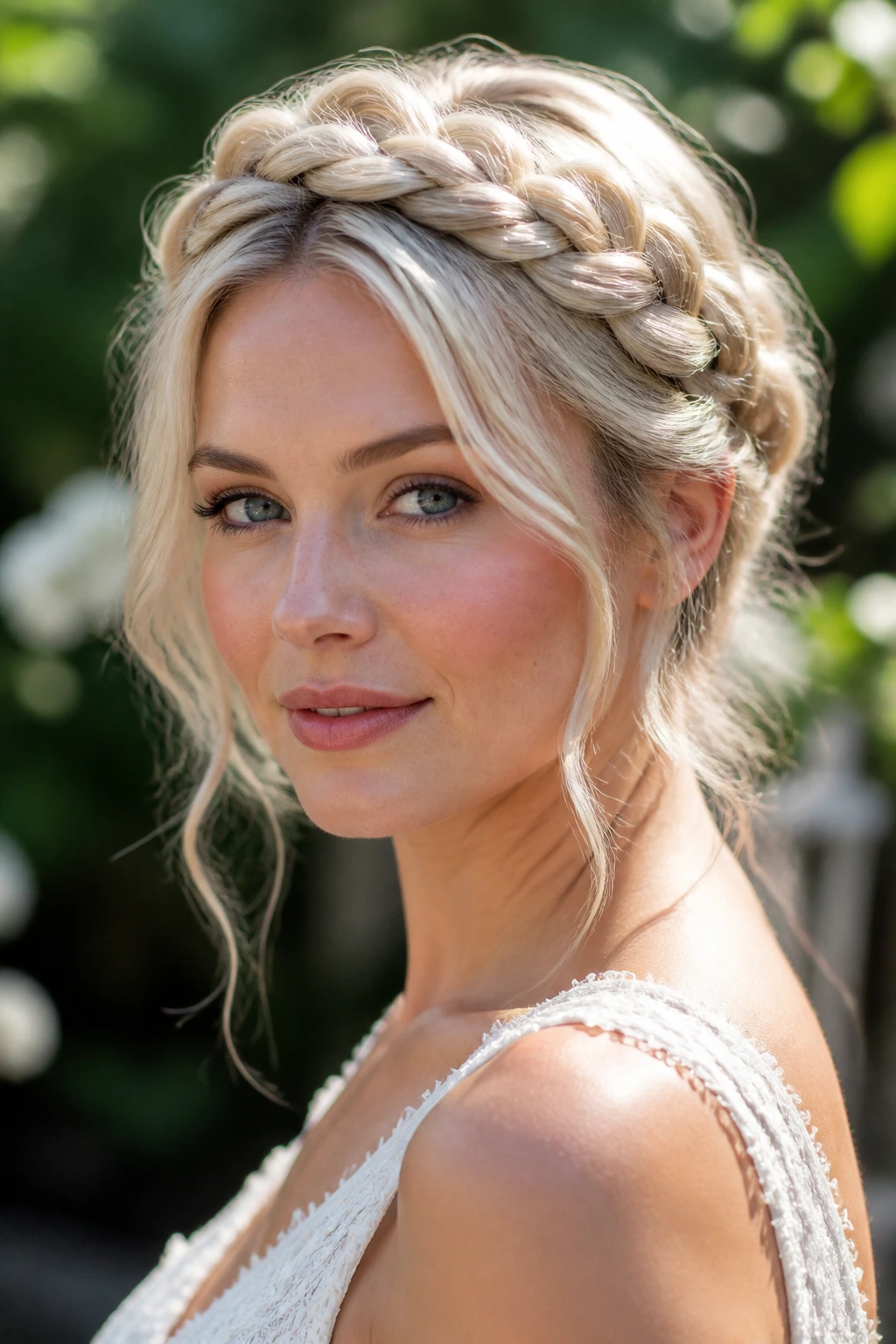 Close-up portrait of a real woman with a pearl blonde braid crown outdoors, soft sunlight