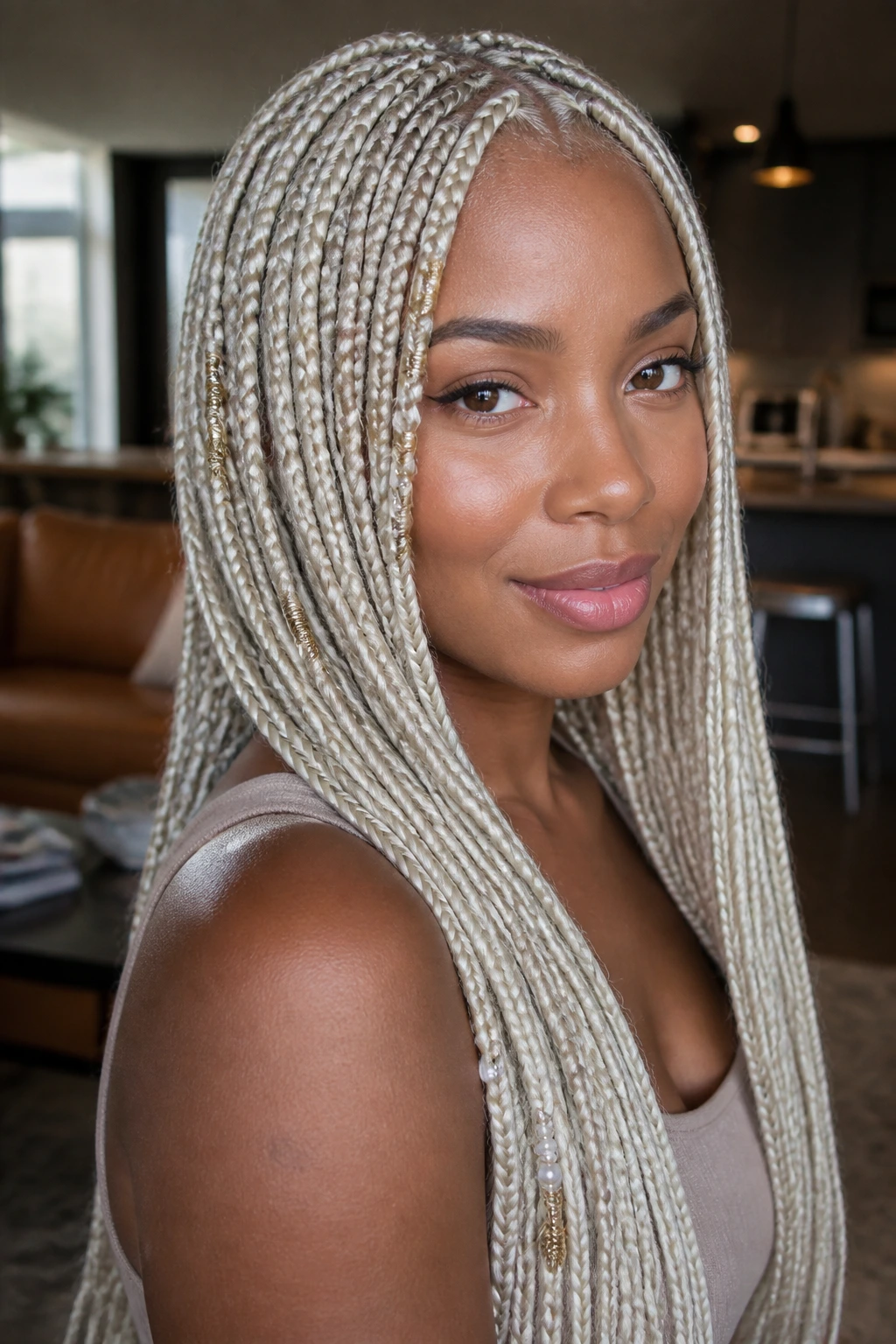 Close-up portrait of a real woman wearing a pearl blonde braided wig, showing braided pattern and cool tones