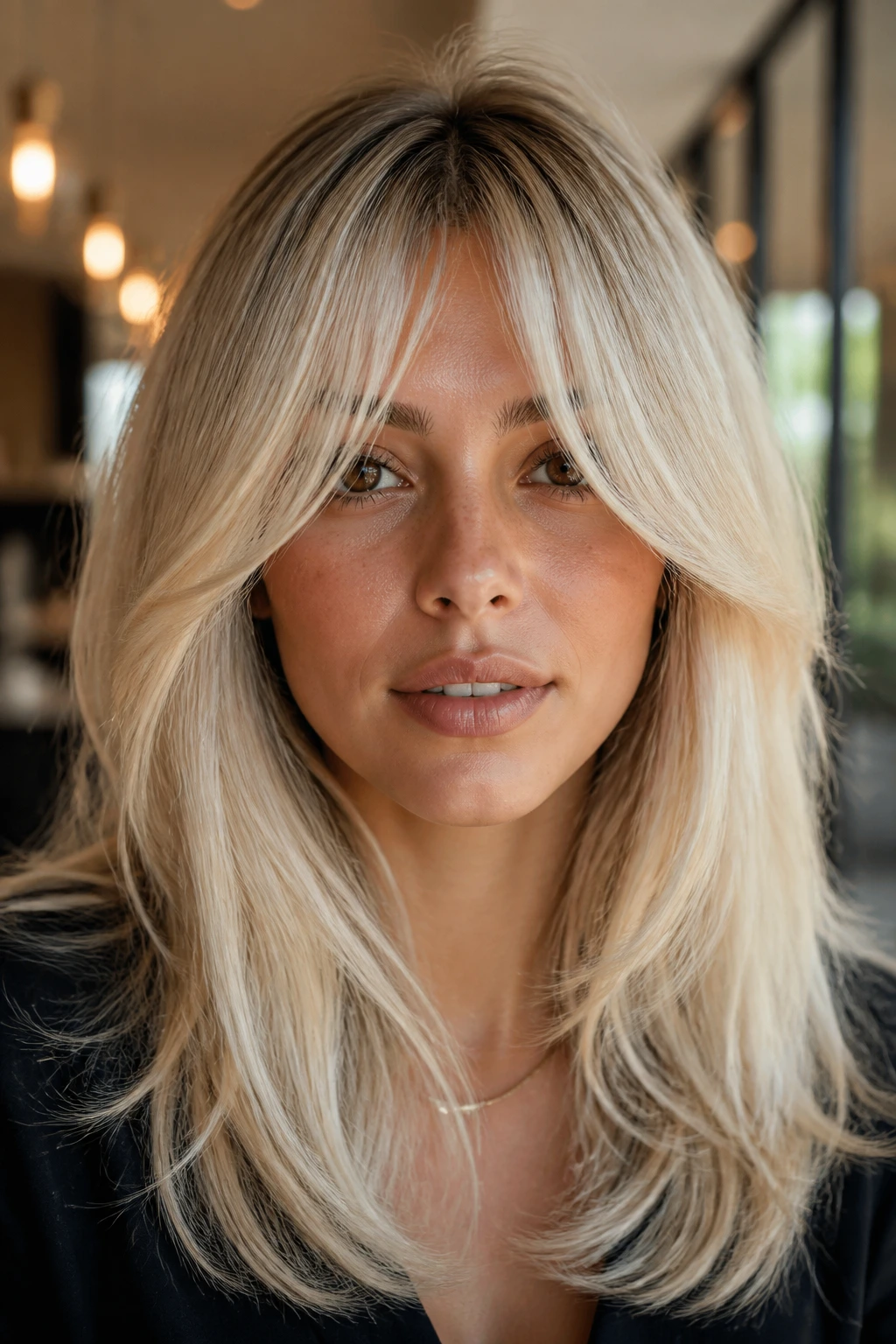 Portrait of a woman with pearl blonde curtain bangs