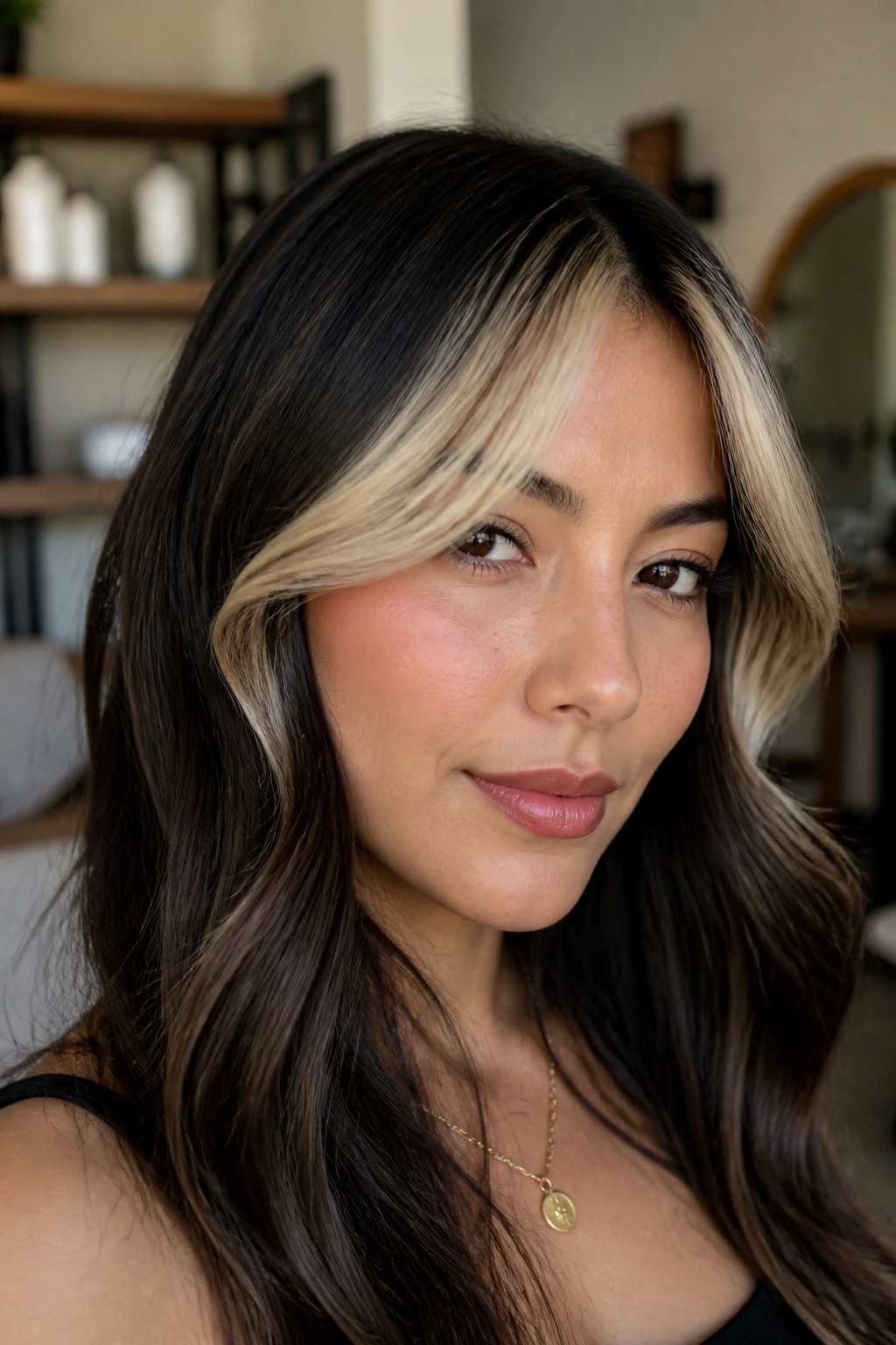 Woman with pearl-blonde curtain bangs and darker hair rest