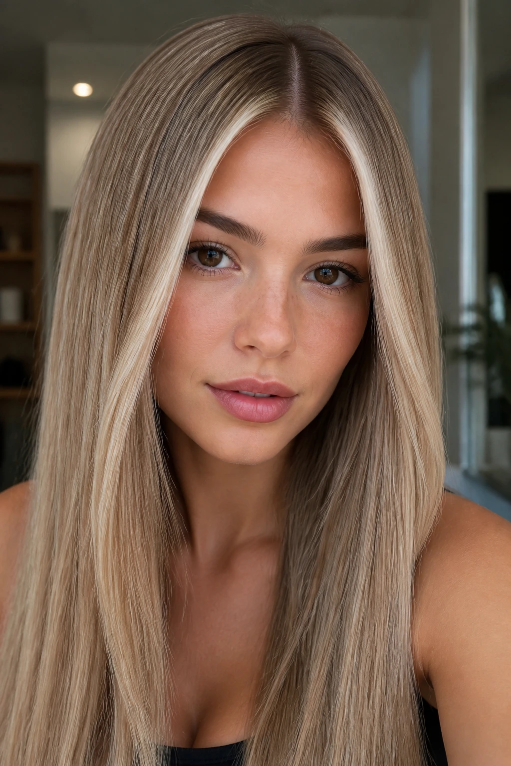 Close-up of a woman with center-parted long hair and pearl blonde face frame