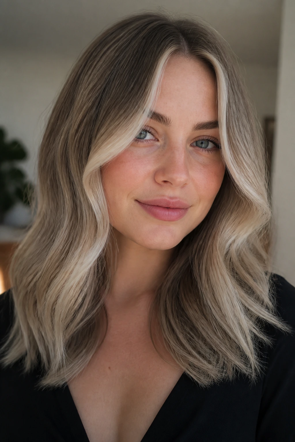 Portrait of pale-skinned woman with pearl blonde face-framing highlights