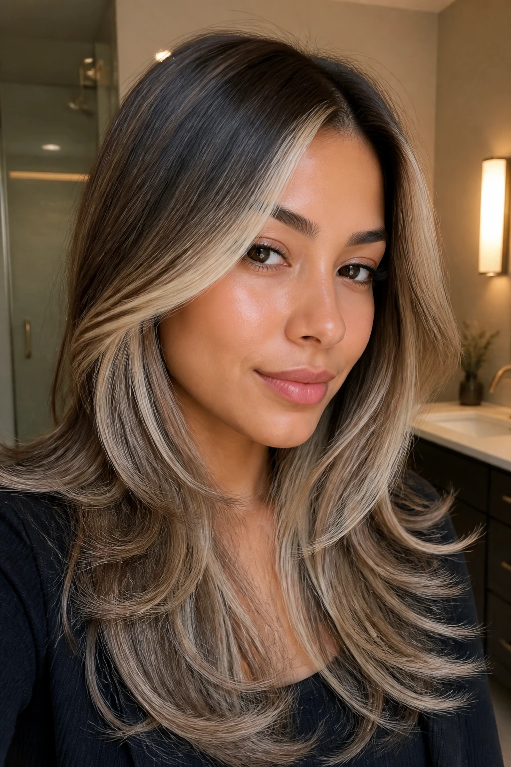 Close-up of a real person with pearl blonde face-framing layers