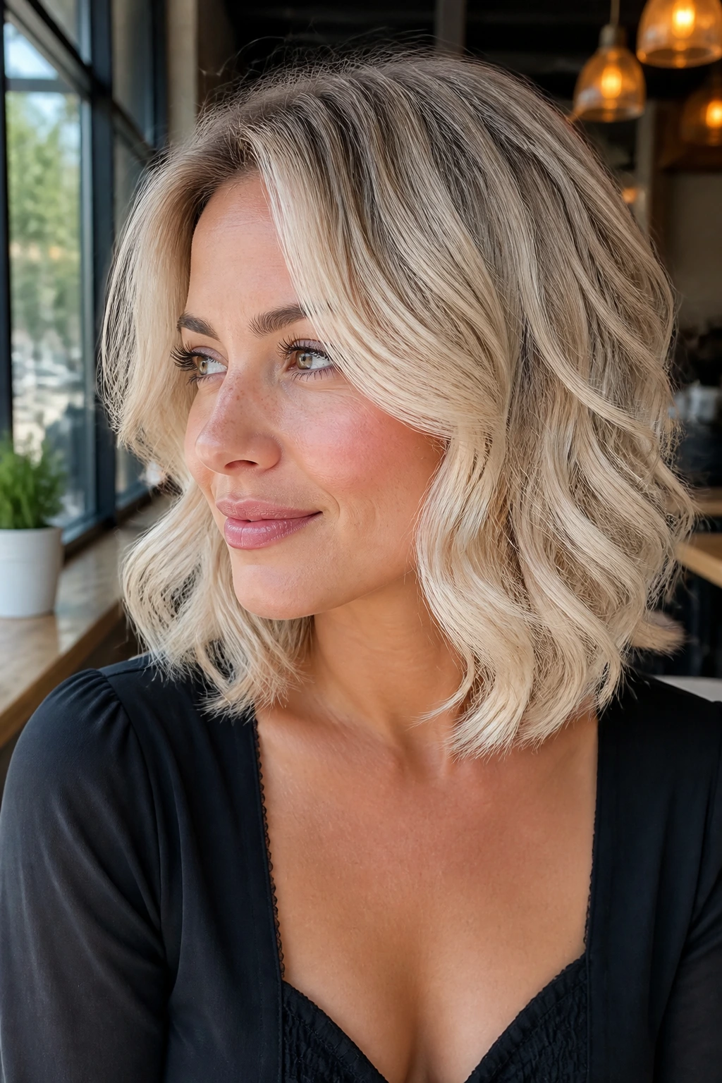 Close up portrait of a real woman with pearl blonde lob and feathered face framing