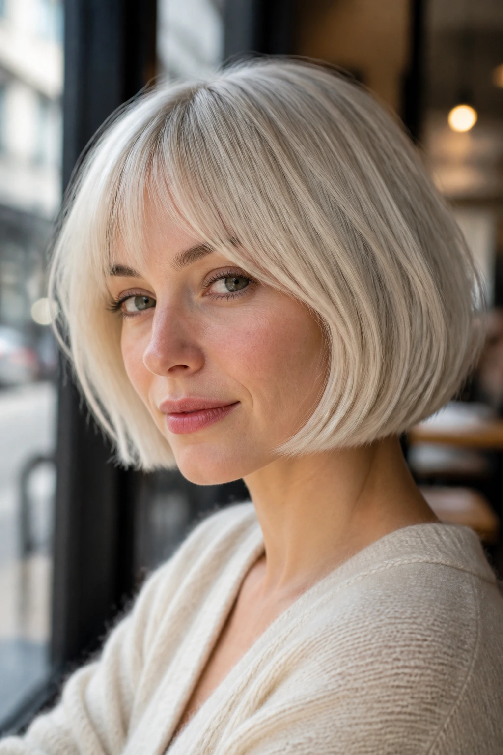 Portrait of a real woman with a pearl blonde French bob.