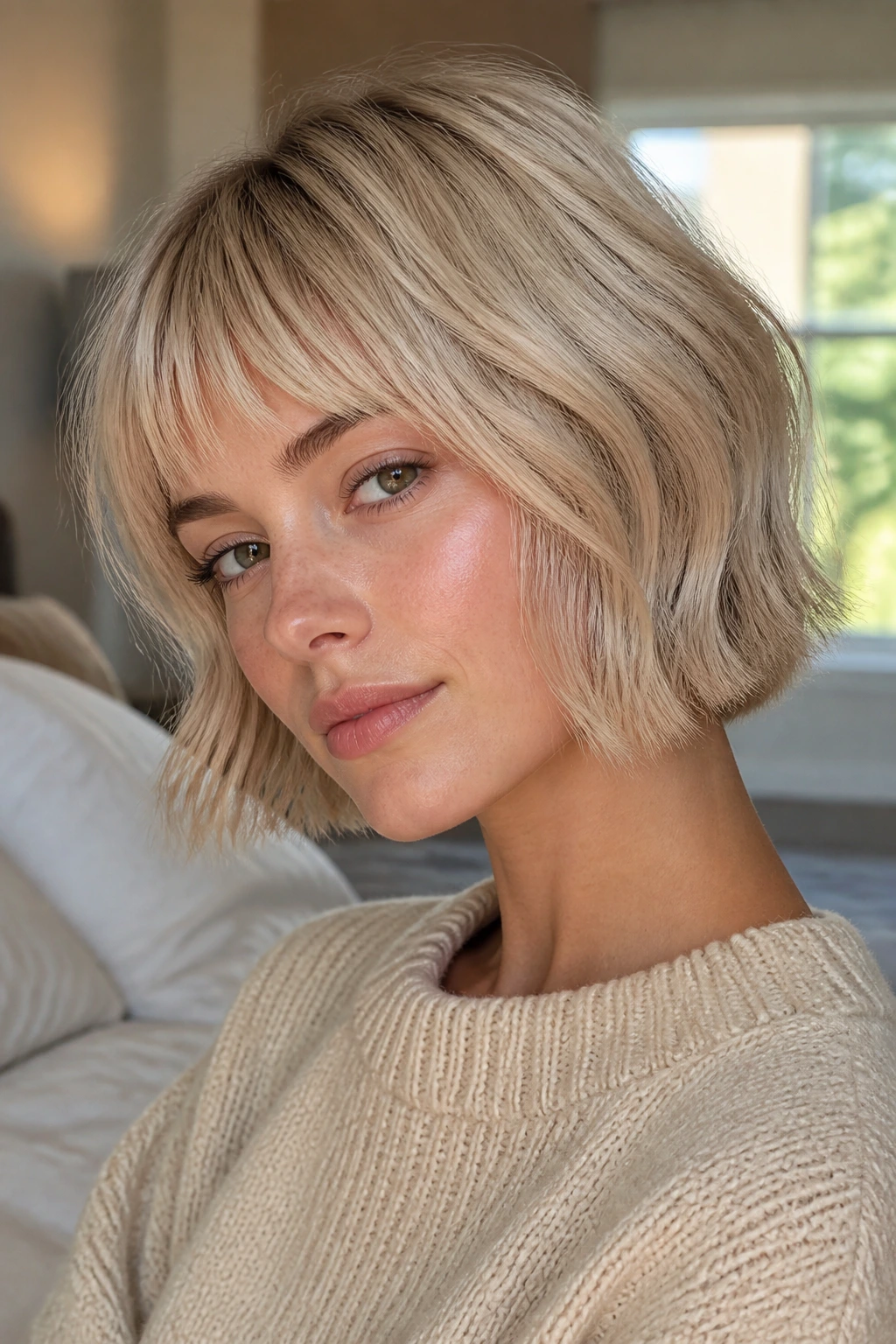 Close-up portrait of a real woman with a pearl blonde French bob and tuck-under finish in soft window light
