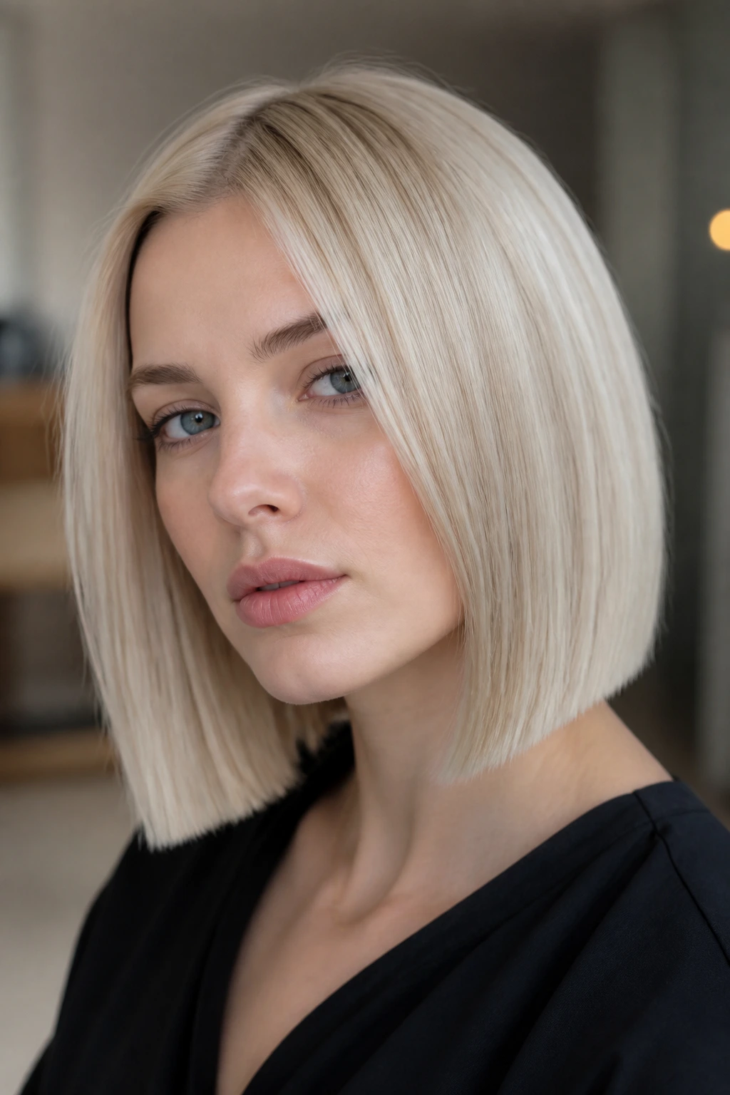 Close-up of a real person with pearl blonde and a sharp cut