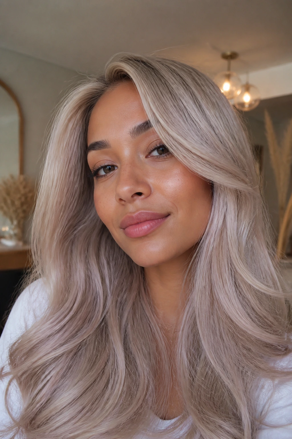 Close-up portrait of a real person with pearl blonde iridescent hair