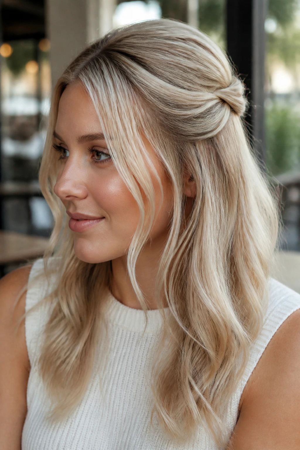 Close-up of a real woman with pearl blonde half-up twist