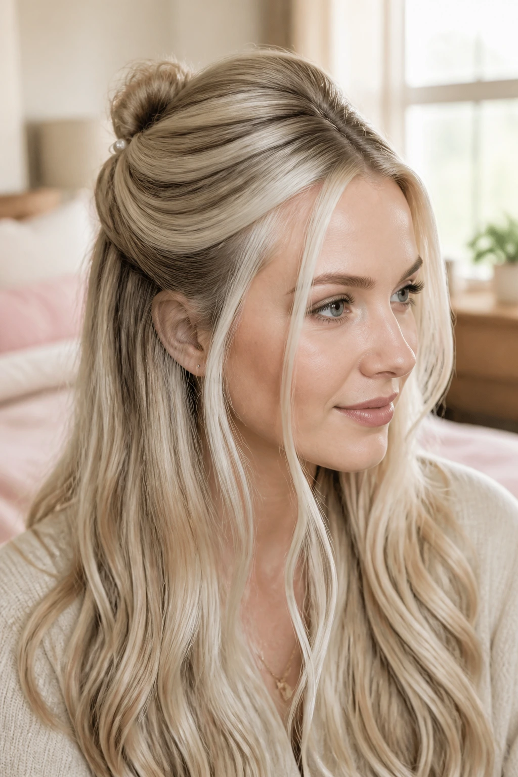 Close-up of a real woman with pearl blonde half-up twist hairstyle
