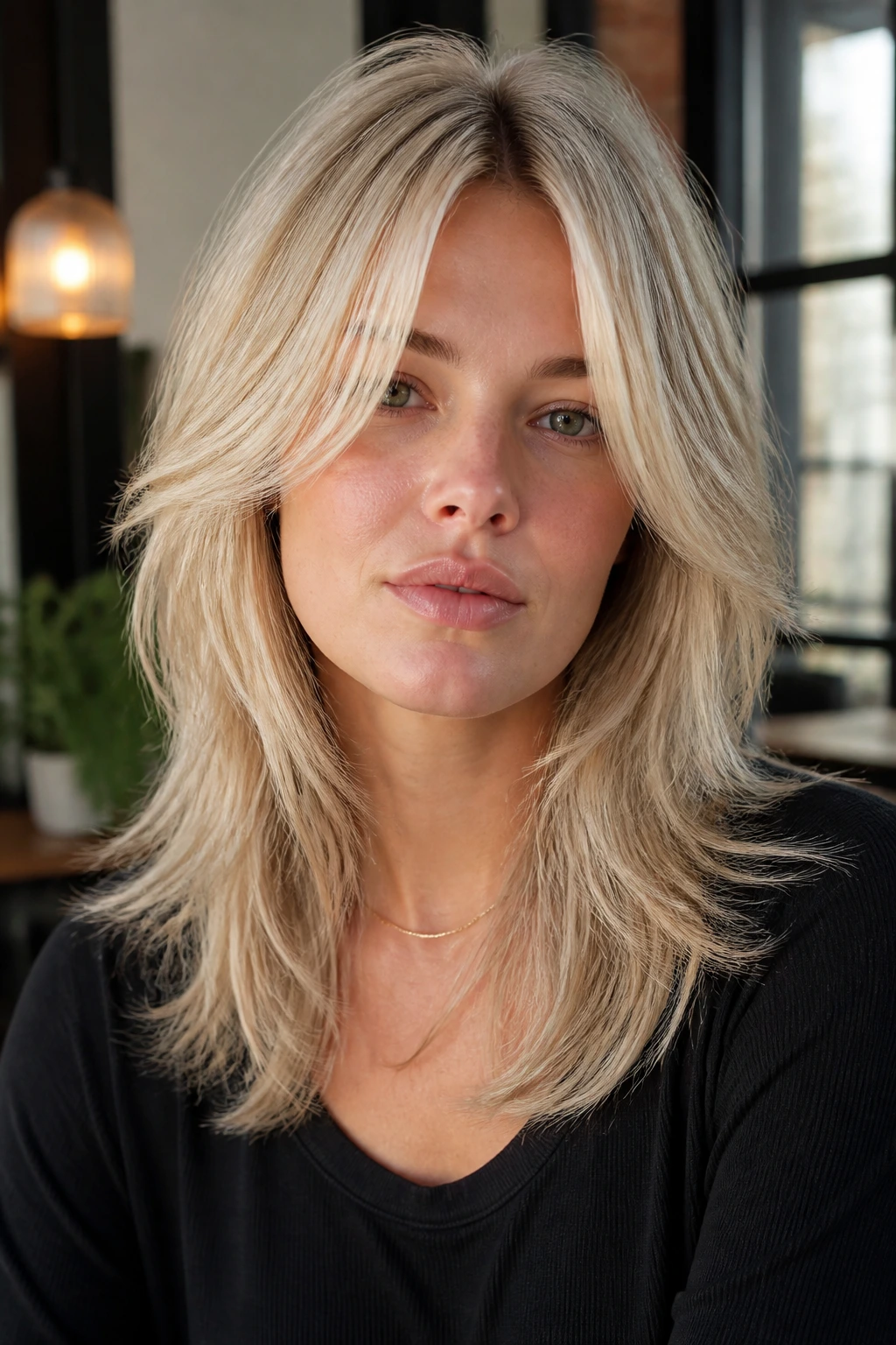 Close-up portrait of a real woman with pearl blonde layered shag in soft light.