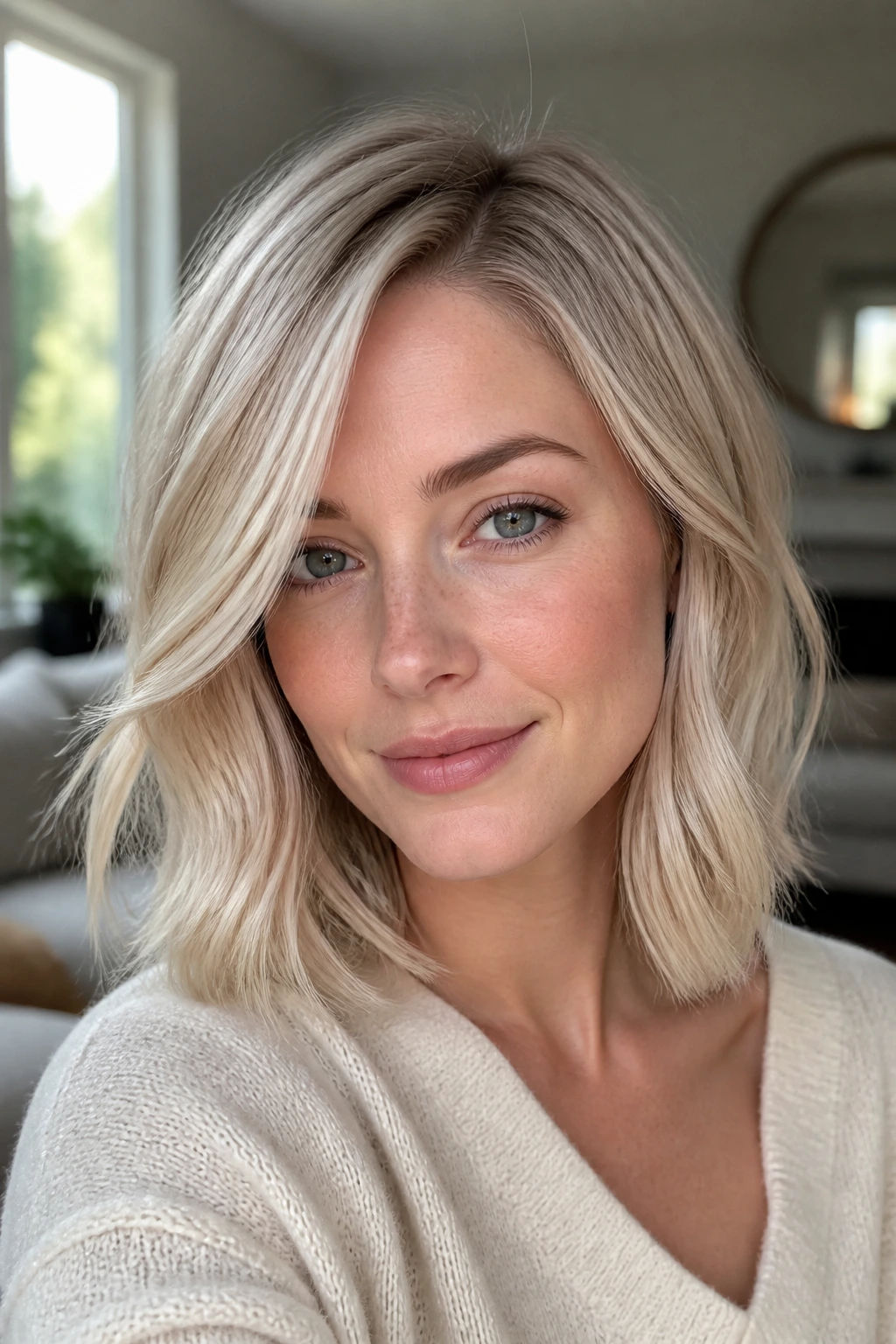 Portrait of a woman with a pearl-ash blonde lob and side part in natural light.