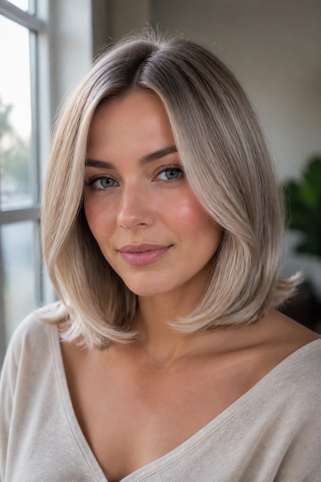 Portrait of a woman with pearl blonde lob and bent ends