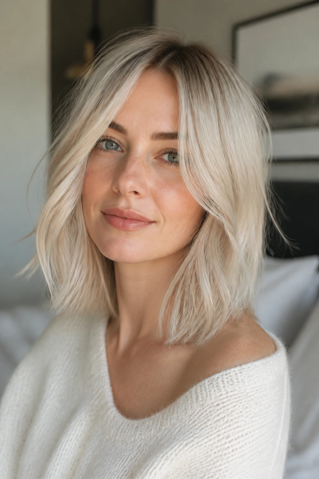 Close-up of real woman with pearl-blonde lob and piecey ends in soft window light