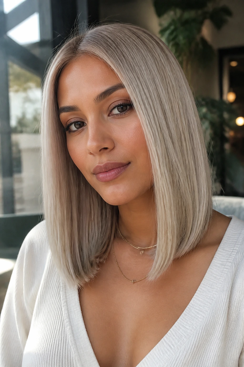 Close-up of a real woman with a pearl blonde straight lob and cool sheen.