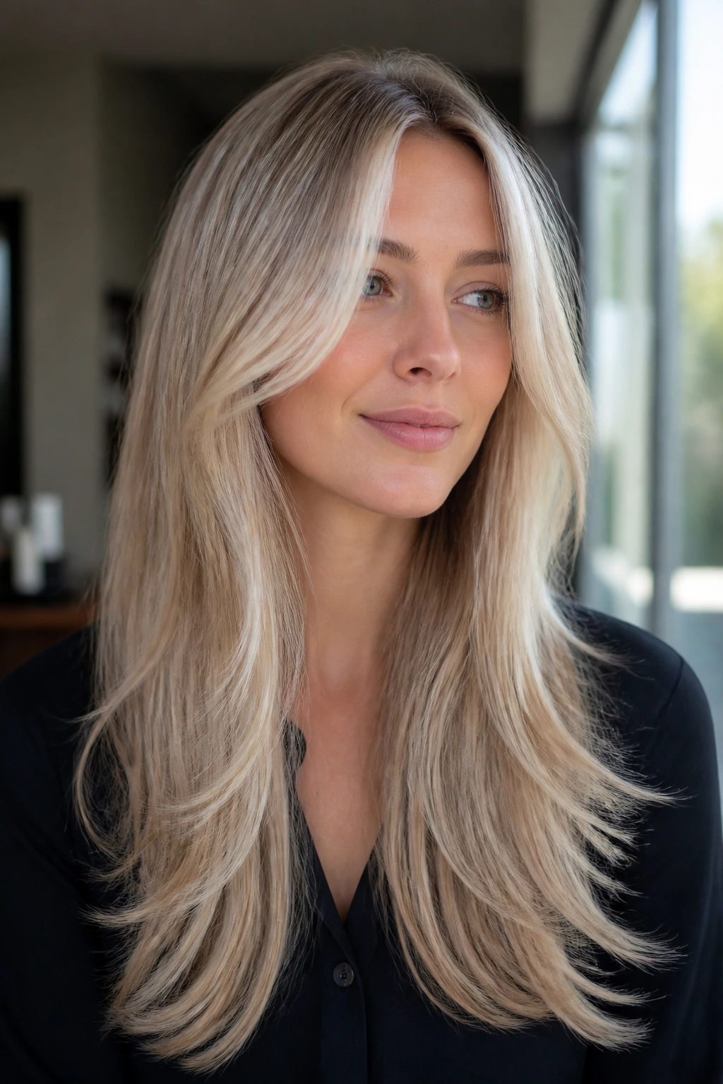 Real woman with pearl blonde long layers in natural daylight