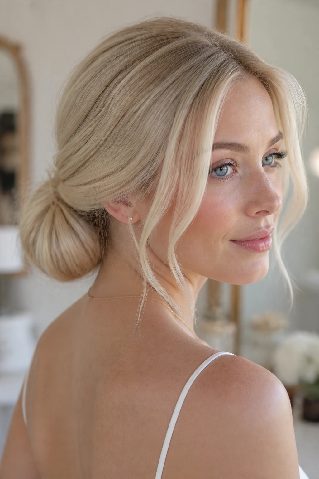 Close-up of a real woman with a pearl blonde low chignon