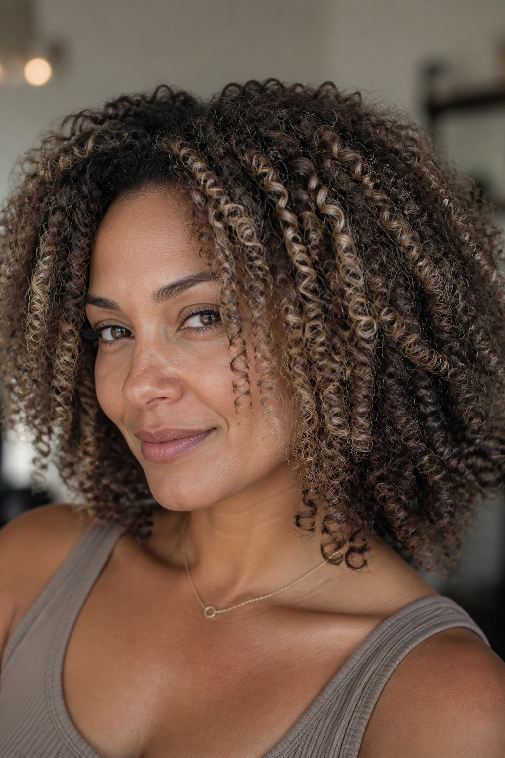 Close-up of cool brown coils with pearl blonde micro-lights