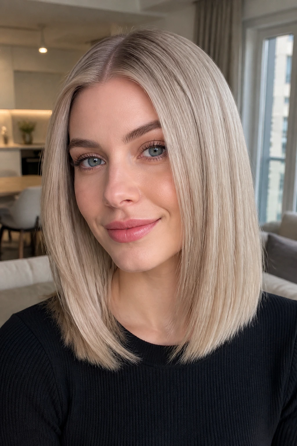 Close-up of a real woman with pearl blonde sleek mid-length hair in natural daylight