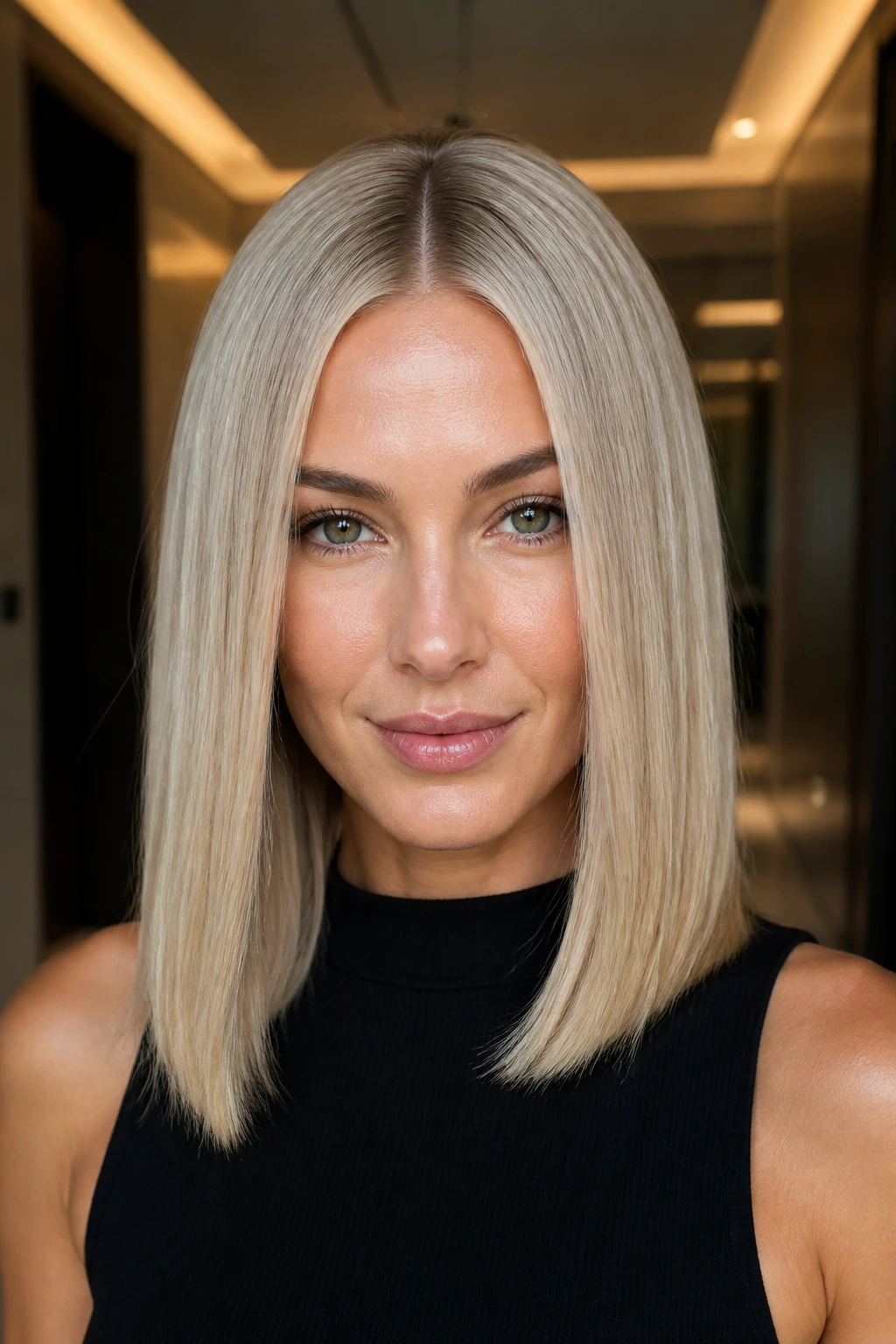 Close-up portrait of a real woman with pearl blonde sleek midi cut.