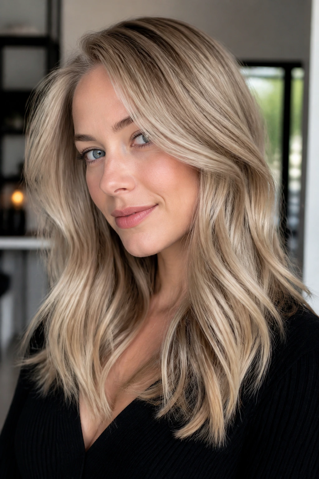 Close-up of a real woman's pearl blonde hair with cool mocha depth.