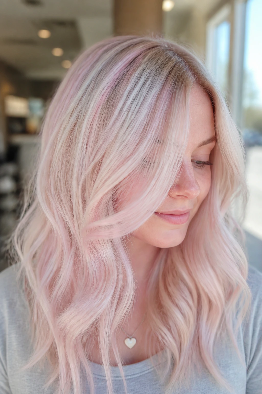 Close-up portrait of pearl blonde hair with pink wash on a real woman, soft window light