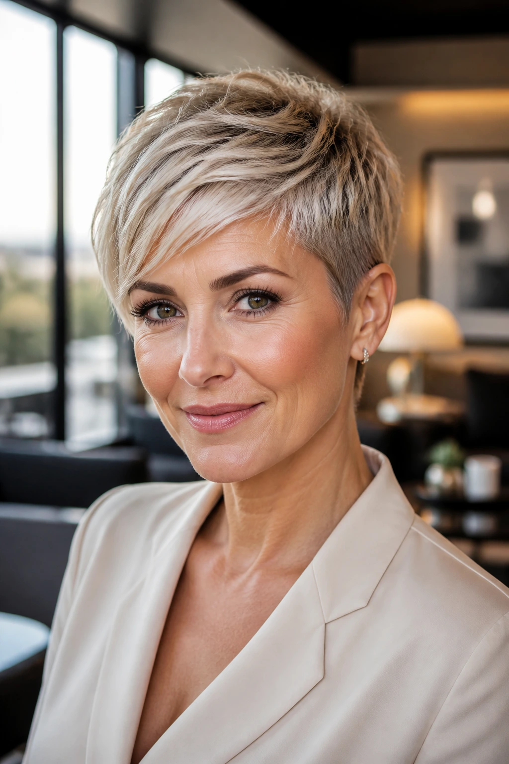 Close-up portrait of a real woman with pearl blonde pixie crop in a modern office setting