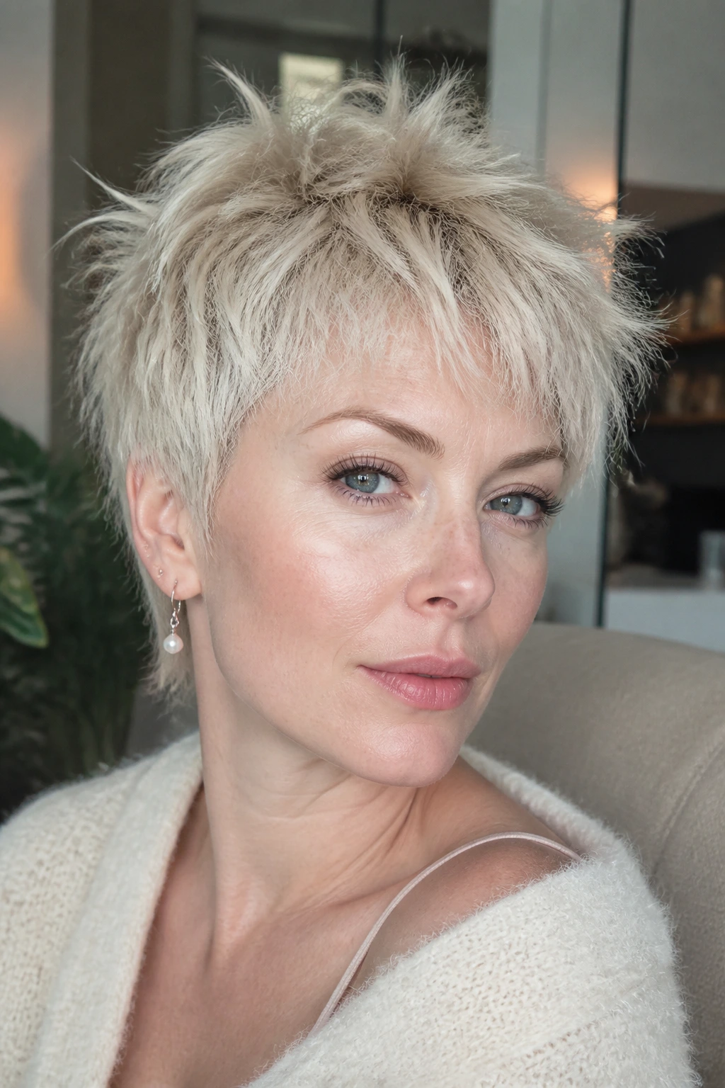 Close-up of a real woman with pearl blonde pixie shag and textured crown.