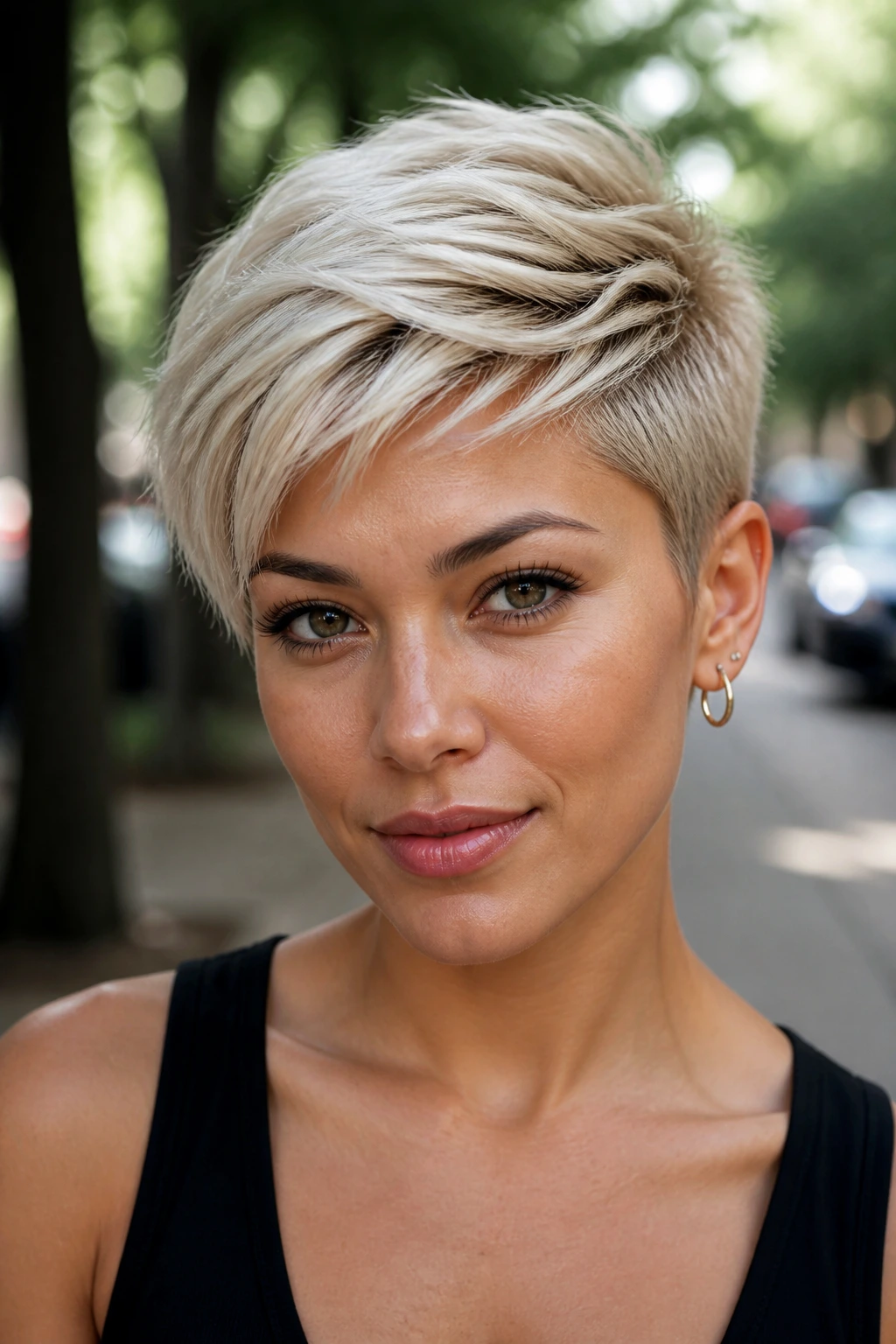 Close-up portrait of a real person with Pearl Blonde Tapered Pixie, soft beige-pearl tones and tapered silhouette in daylight