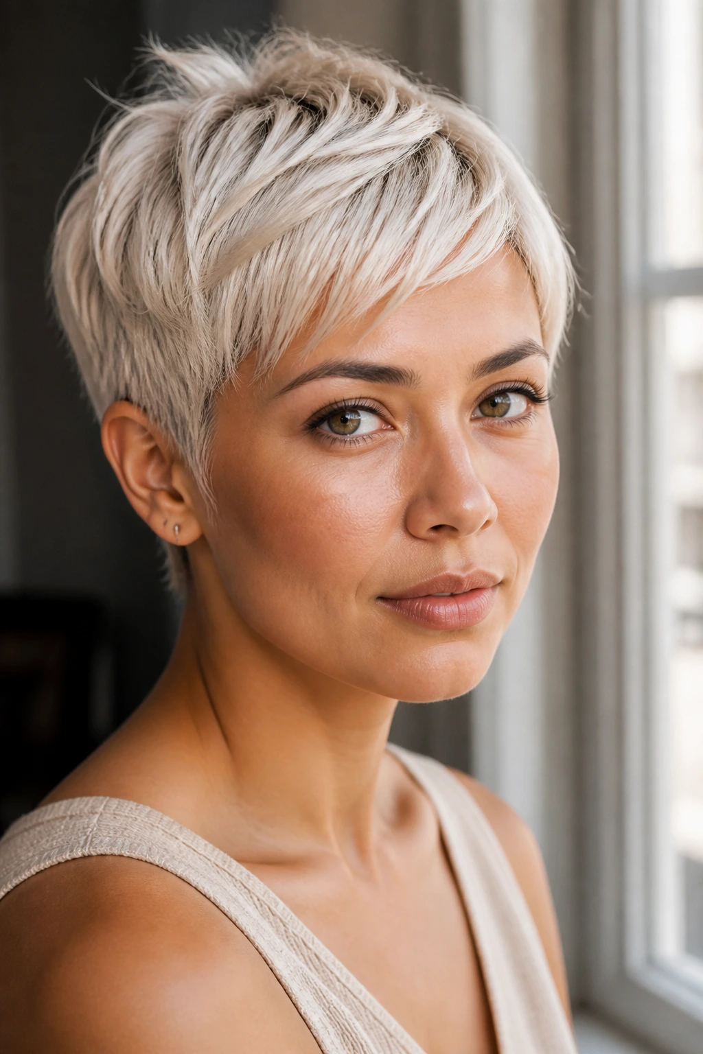 Portrait of a real person with pearl blonde pixie crop under soft window light