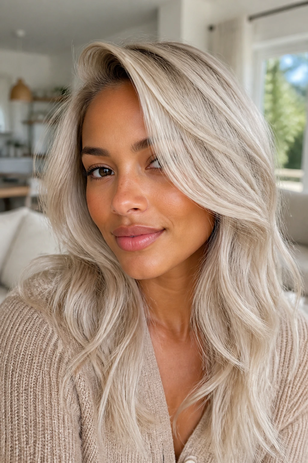 Portrait of a real woman with pearl blonde hair, soft luminous color.