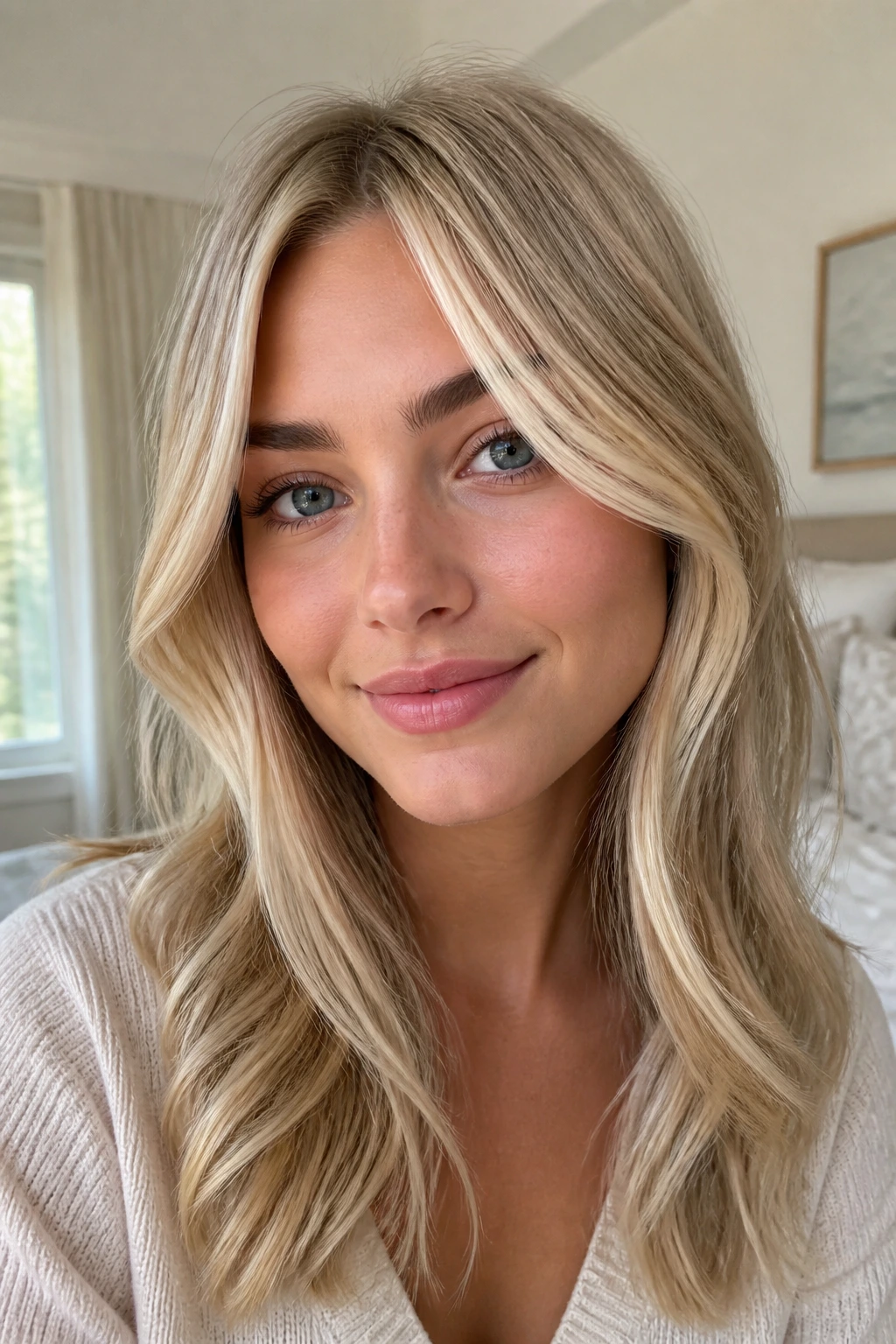 Pearl blonde with face-framing ribbons around the face