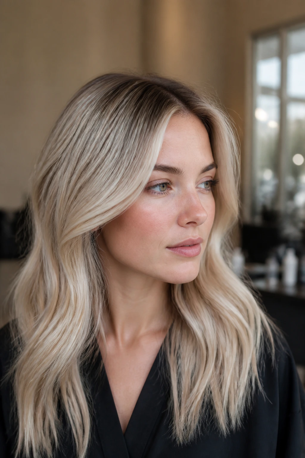 Close-up of pearl blonde with root shadow on fair skin.