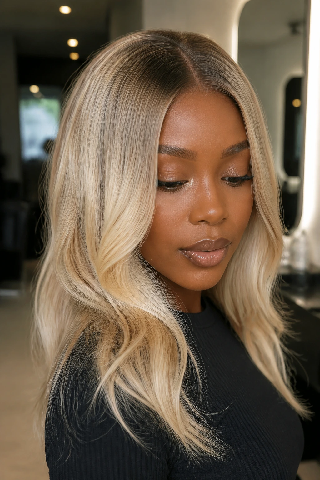 Close-up of pearl blonde hair with shadowed roots on a person