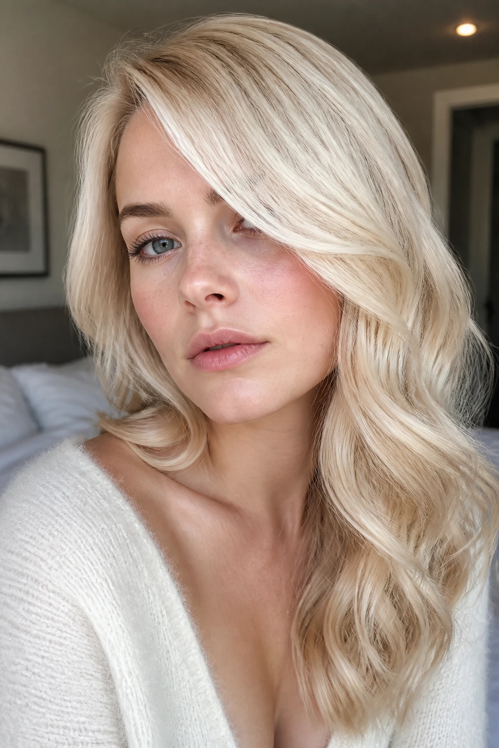 Real woman with pearl blonde side sweep and soft waves
