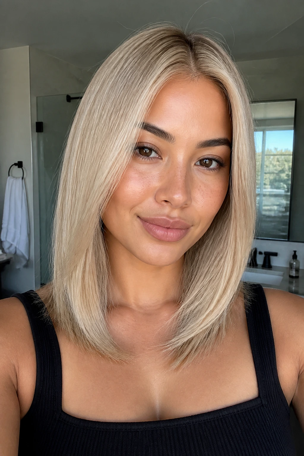 Close-up of a real woman with pearl blonde sleek mid-length hair in bright setting.